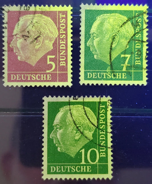 Lot 96 Germany Mi#179y (SC#704)-183ya (SC#708) 1960 Heuss Definitives, Fluorescent Papers, 3 Very Fine Used Singles, Click on Listing to See ALL Pictures, Estimated Value $50