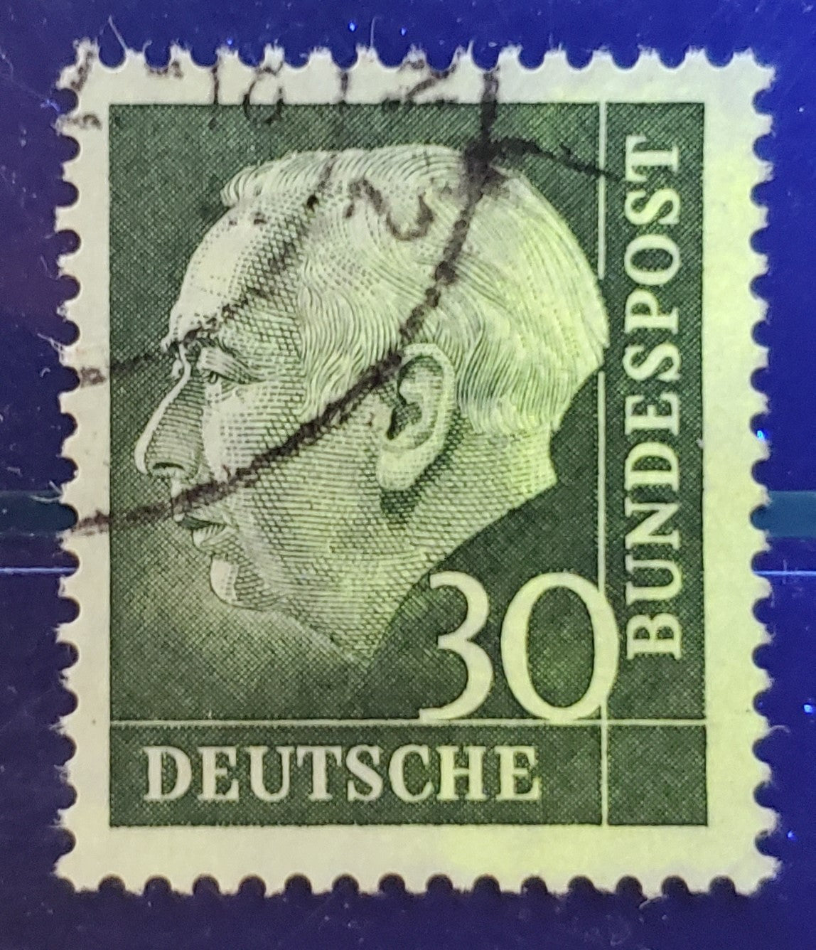 Lot 57 Germany Mi#259y (SC# 755) 30pf Blackish Green 1960 Heuss Definitives, Fluorescent Paper, A Fine/Very Fine Used Single, Click on Listing to See ALL Pictures, Estimated Value $100