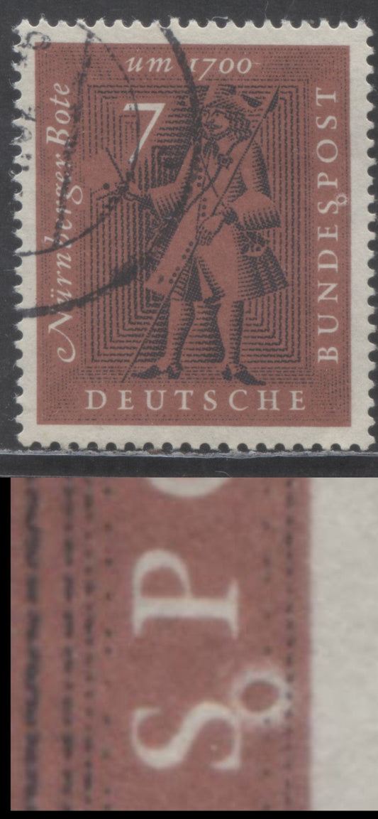 Lot 60 Germany Mi#365var (SC# 842var) 7pf Red Brown 1961 Commemorative Issue, Unlisted Dot Under 'S' Of Bundespost, A Very Fine Used Single, Estimated Value $5