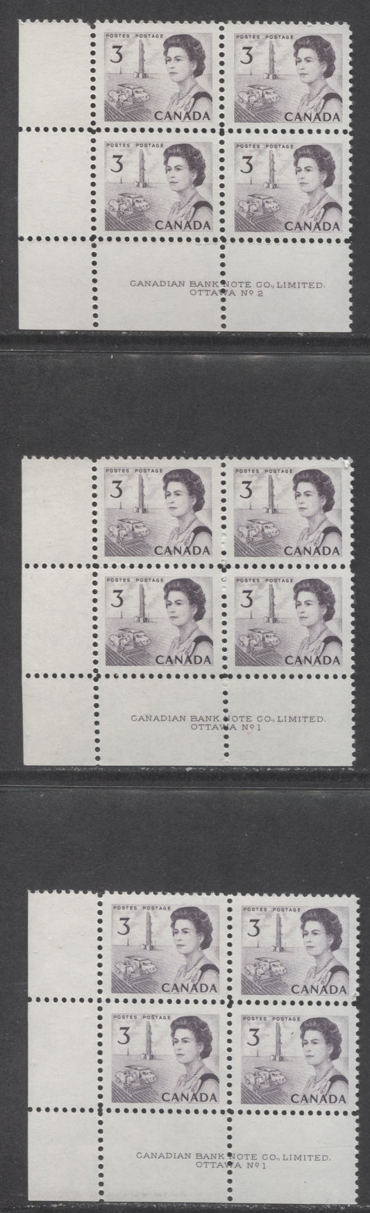 Lot 6 Canada #456 3c Dull Purple & Reddish Purple Queen Elizabeth II, 1967-1973 Centennial Issue, 3 VFNH LL Plates 1-2 Blocks Of 4 On Off White DF1 & DF2 Papers With Smooth/Streaky Dex Gum Black, Deep Purple & Blackish Purple Under UV