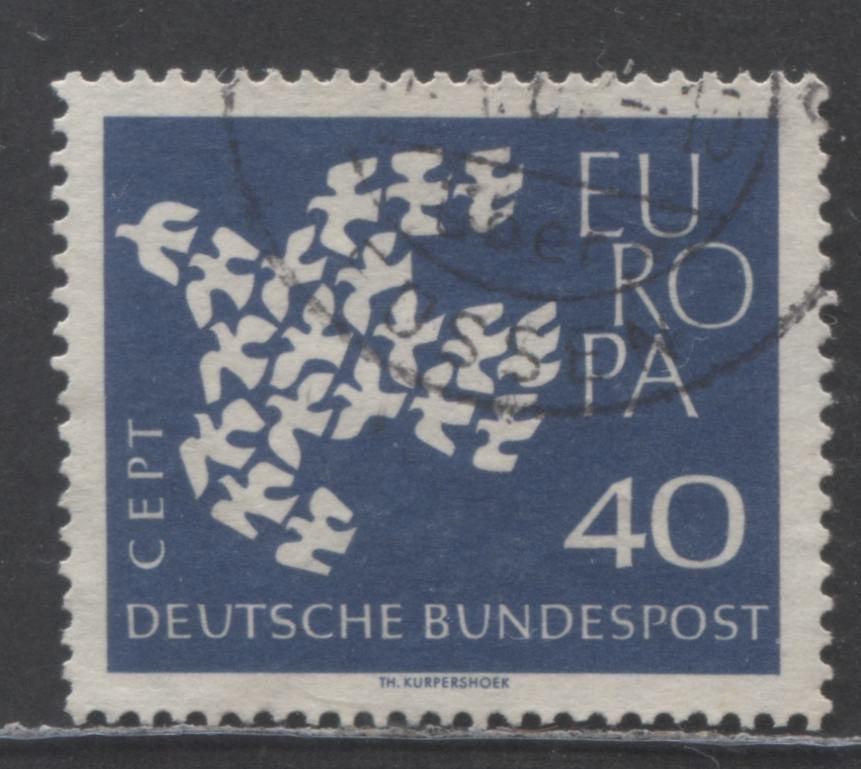 Lot 63 Germany Mi#368xv (SC# 845var) 40pf Blue 1961 Europa Issue, On Scarce Horizontal Ribbed Paper With Ribbed Gum, A Very Fine Used Single, Click on Listing to See ALL Pictures, Estimated Value $20