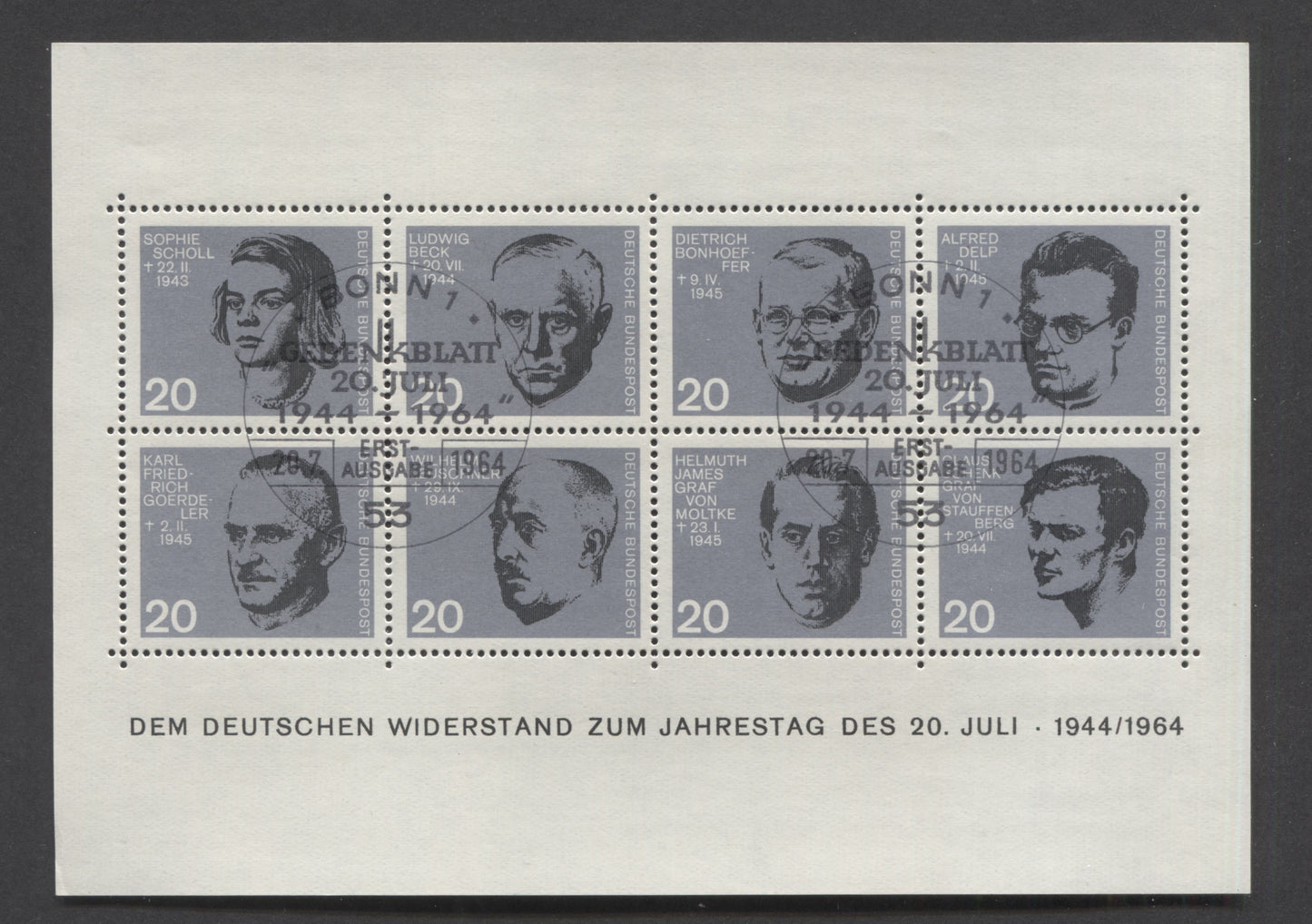Germany Mi#Block 3 (SC# 883-890) 1964 German Resistance Issue, With Special Commemorative Cancel, A VFNH Souvenir Sheet, Click on Listing to See ALL Pictures, Estimated Value $15