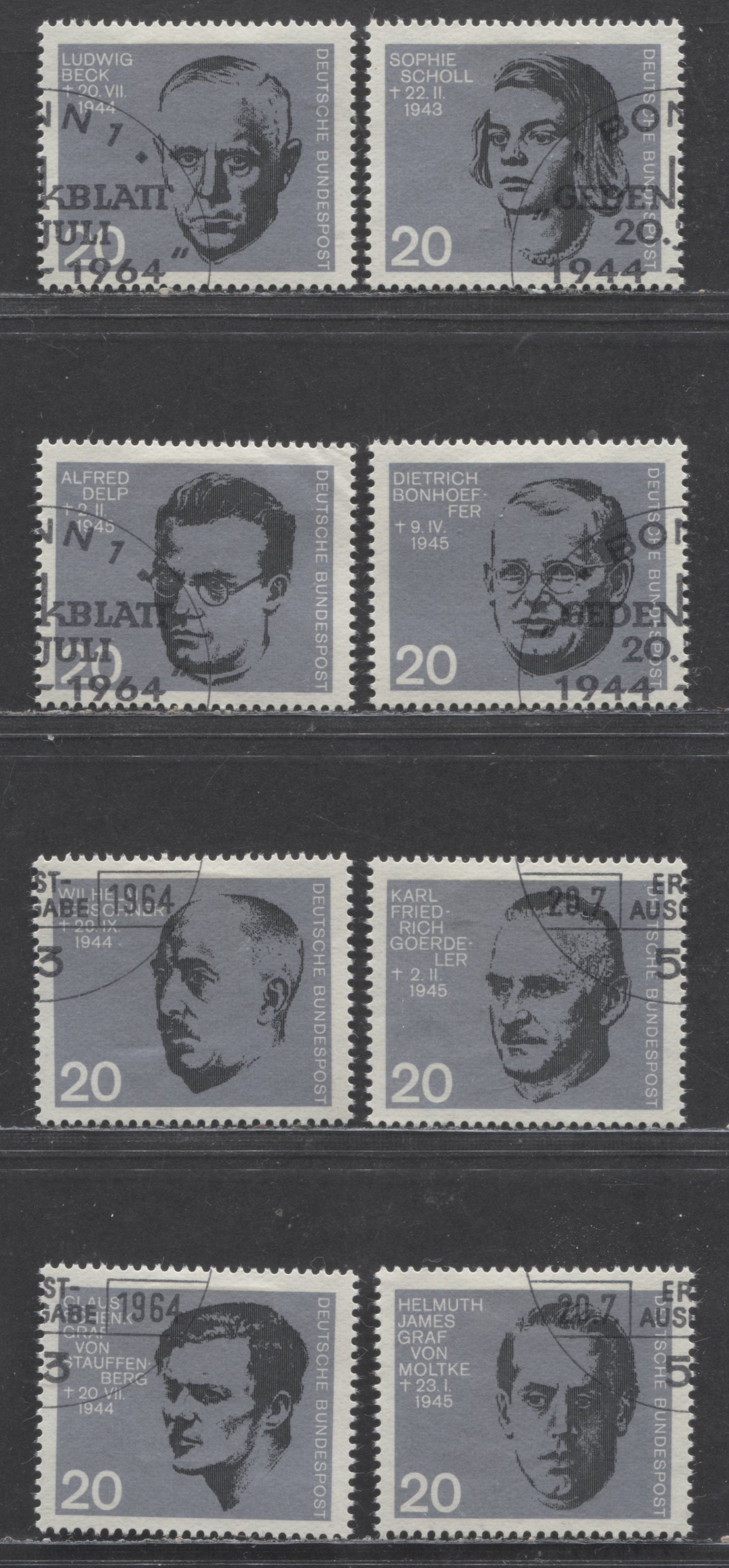 Lot 73 Germany Mi#431 (SC#883)-438 (SC#890) 1964 German Resistance Issue, CTO With Special Commemorative Cancels, 8 Very Fine Used Singles, Click on Listing to See ALL Pictures, Estimated Value $10