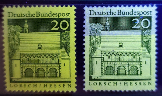 Lot 82 Germany Mi#491var (SC# 939) 20pf Green 1964-1966 German Building Definitives, Uneven Fluorescent Coating, Dark On Bottom 3/4 Of Stamp, A VFNH Single, Click on Listing to See ALL Pictures, Estimated Value $10