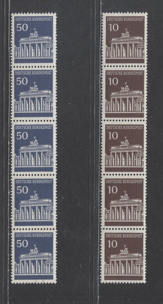 Lot 86 Germany Mi#506uR (SC#952)/509uR (SC#955) 1966-1968 Brandenburg Gate, Control Number On Bottom Stamp, Glossy Dex Gum, 2 VFNH Coil Strips Of 5, Estimated Value $20