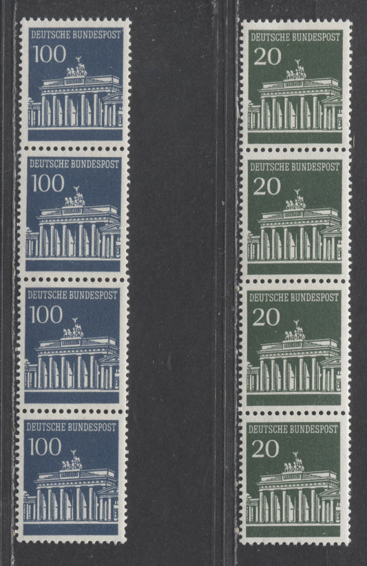 Lot 87 Germany Mi#507uR (SC#953)/510uR (SC#956) 1966-1968 Brandenburg Gate, Control Number On Bottom Stamp, 2 VFNH Coil Strips Of 4, Click on Listing to See ALL Pictures, Estimated Value $50