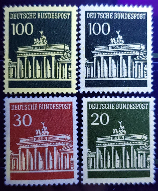 Lot 88 Germany Mi#507v (SC#953)/510v (SC#956) 1966-1968 Brandenburg Gate, With Shiny Dex Gum & Two Different Fluorescent Reactions On The 10pf - Moderate And Weak, 4 VFNH Singles, Estimated Value $20