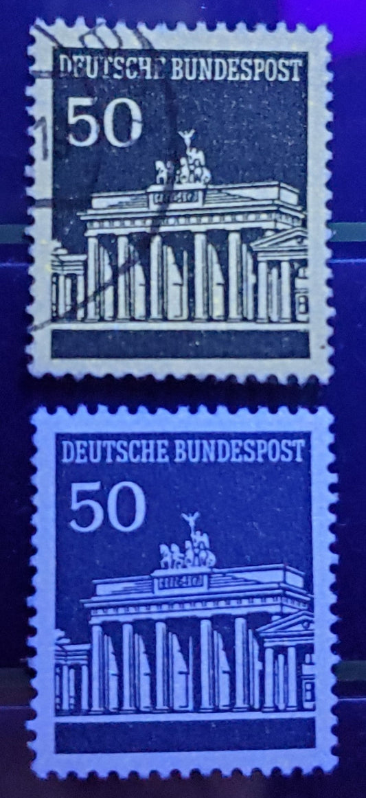 Germany Mi#509v (SC# 955var) 50pf Blue 1966-1968 Brandenburg Gate, Fluorescent Tagging Almost Completely Missing, Unlisted, 2 VFNH Singles, Click on Listing to See ALL Pictures, Estimated Value $10