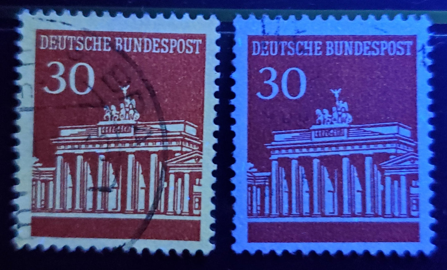 Lot 91 Germany Mi#508vvar (SC# 954var) 30pf Carmine 1966-1968 Brandenburg Gate, Unlisted Missing Fluorescent Coating, 2 Fine/Very Fine Used Singles, Estimated Value $10