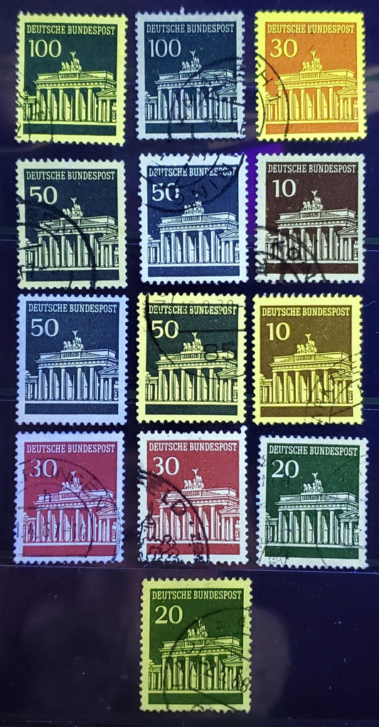 Lot 92 Germany Mi#506v (SC#952)-510v (SC#956) 1966-1968 Brandenburg Gate, Showing Different Fluorescent Reactions, 13 Very Fine Used Singles, Click on Listing to See ALL Pictures, Estimated Value $5