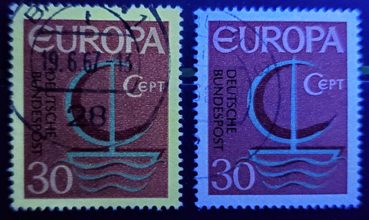 Lot 93A Germany Mi#520 (SC# 964) 30pf Multicolored 1966 Europa Issue, Fluorescent Coating Almost Completely Missing, 2 Very Fine Used Singles, Click on Listing to See ALL Pictures, Estimated Value $10