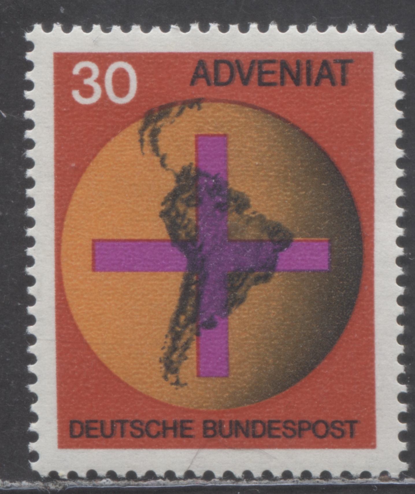 Lot 95 Germany Mi#545 (SC# 977) 30pf Multicolored 1967 Adveniat Issue, Ghost Print Doubling Of Black Inscriptions, A VFOG Single, Click on Listing to See ALL Pictures, Estimated Value $15