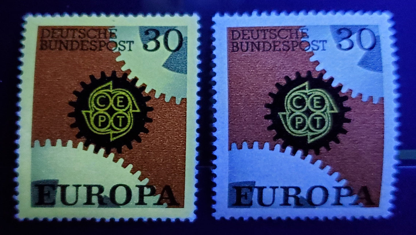 Lot 98 Germany Mi#534var (SC# 970var) 30pf Multicolored 1967 Europa Issue, With Fluorescent Coating Almost Completely Omitted, 2 VFNH Singles, Click on Listing to See ALL Pictures, Estimated Value $5