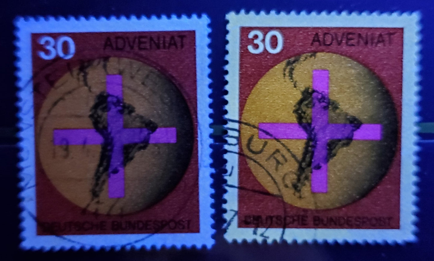 Germany Mi#545var (SC# 977var) 30pf Multicolored 1967 Adveniat Issue, With Fluorescent Coating Almost Completely Missing, 2 Very Fine Used Singles, Click on Listing to See ALL Pictures, Estimated Value $10