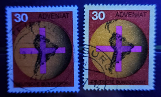 Lot 99 Germany Mi#545var (SC# 977var) 30pf Multicolored 1967 Adveniat Issue, With Fluorescent Coating Almost Completely Missing, 2 Very Fine Used Singles, Click on Listing to See ALL Pictures, Estimated Value $10