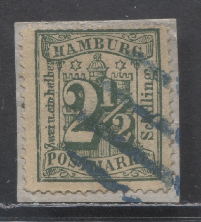 Lot 149 Hamburg - Germany SC#26a(Mi#22b) 2 1/2s Dark Green 1867 Arms Issue, Used On Piece, Signed By At Least 3 Experts Including N. Engel And Kosack, A Fine Used Single, Click on Listing to See ALL Pictures, Estimated Value $50 USD