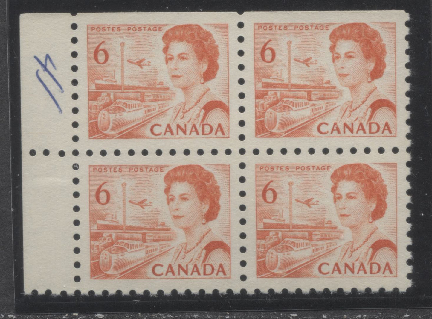 Lot 19 Canada #459ii 6c Orange Queen Elizabeth II, 1967-1973 Centennial Issue, A VFNH UL Blank Block Of 4 On Off White DF1 Paper With Smooth Dex, Bright Fluorescent Red Ink On Light Ivory Under UV