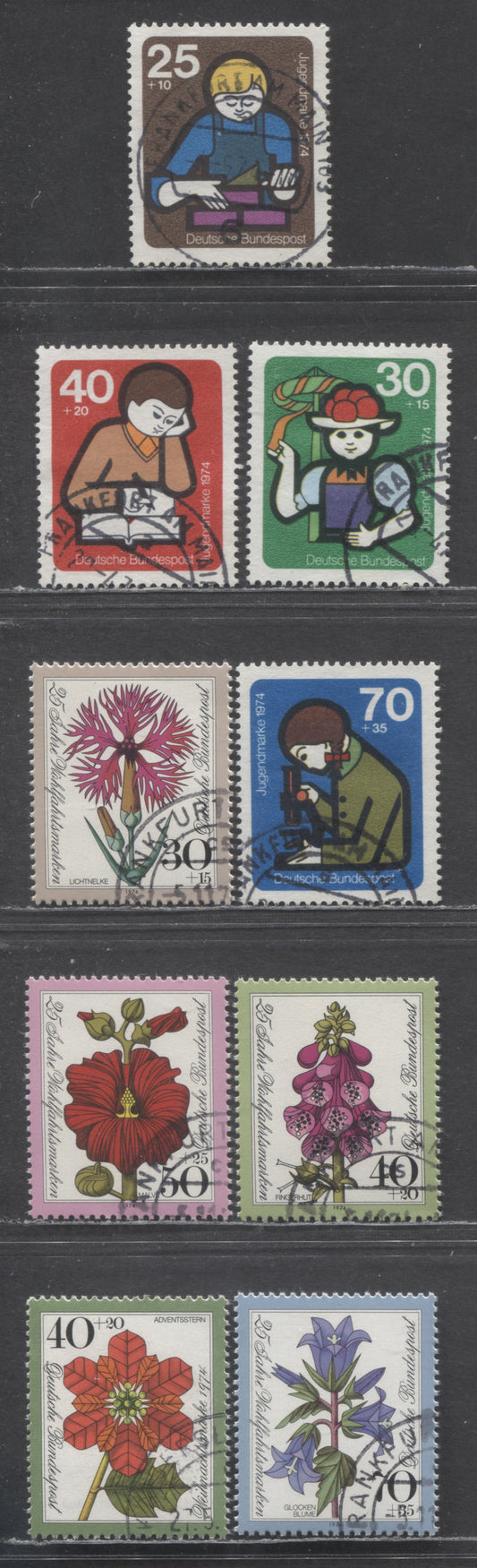 Germany SC#B503-B516(Mi#890/824) 1974 SemiPostals Issue, 9 Very Fine Used Singles, Click on Listing to See ALL Pictures, Estimated Value $10 USD
