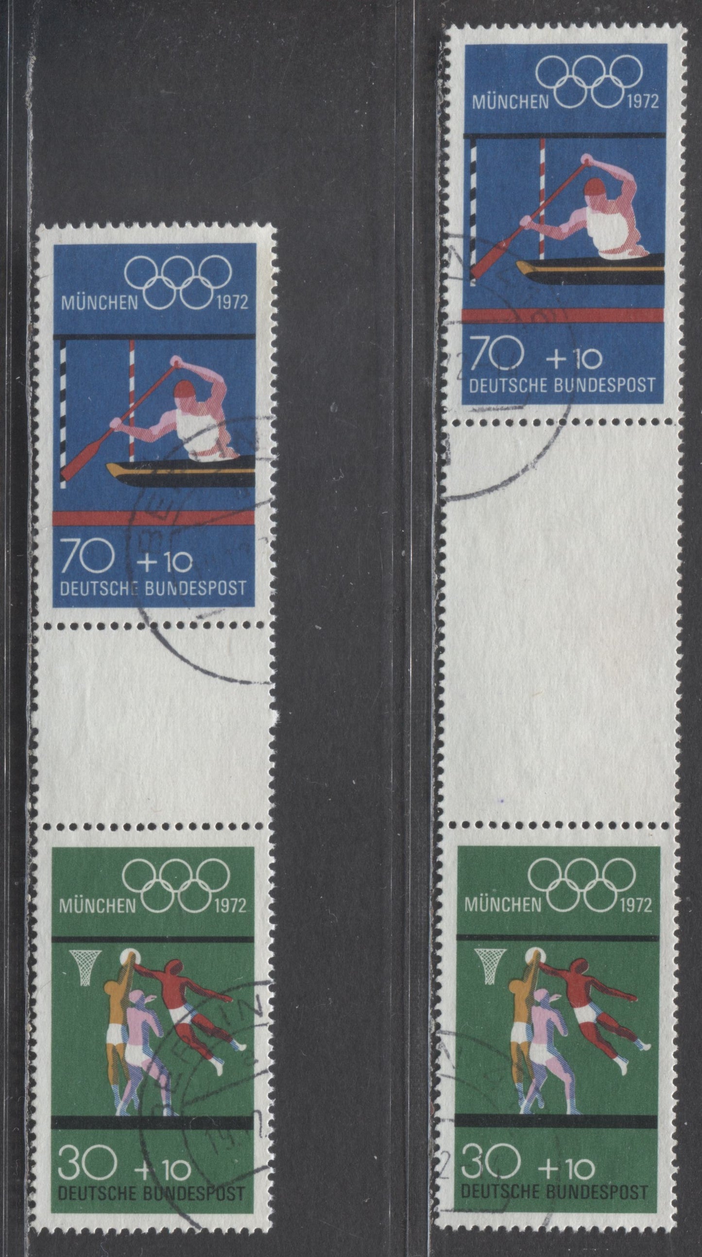 Lot 216 Germany Mi#5z2a (SC# B490b) 70+10pf Blue & 30+10pf Green 1972 Olympic SemiPostals, Wide & Narrow Gutters, 2 Very Fine Used Gutter Pairs, Estimated Value $15