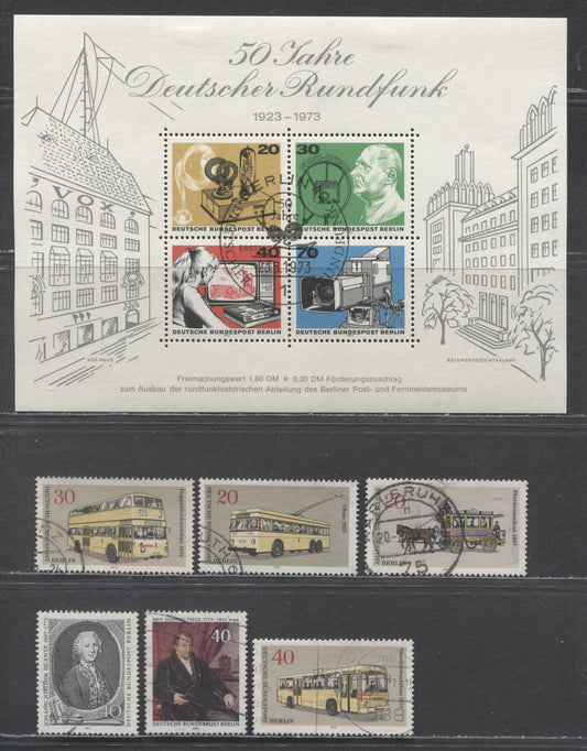 Berlin - Germany Mi#446 (9N335)/Block 4 (9N343) 1973 Commemoratives, Souvenir Sheet Is CTO With Special Event Cancel, 7 Very Fine Used Singles & Souvenir Sheet, Click on Listing to See ALL Pictures, Estimated Value $10