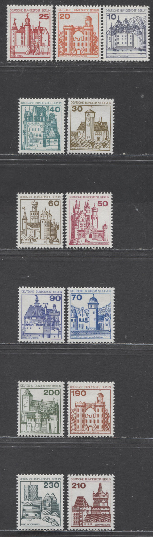 Berlin-Germany SC#9N391-9N403(Mi#532AI-540AI,587-590) 1977-1979 Castles Issue, 13 VFNH Singles, Click on Listing to See ALL Pictures, Estimated Value $12 USD