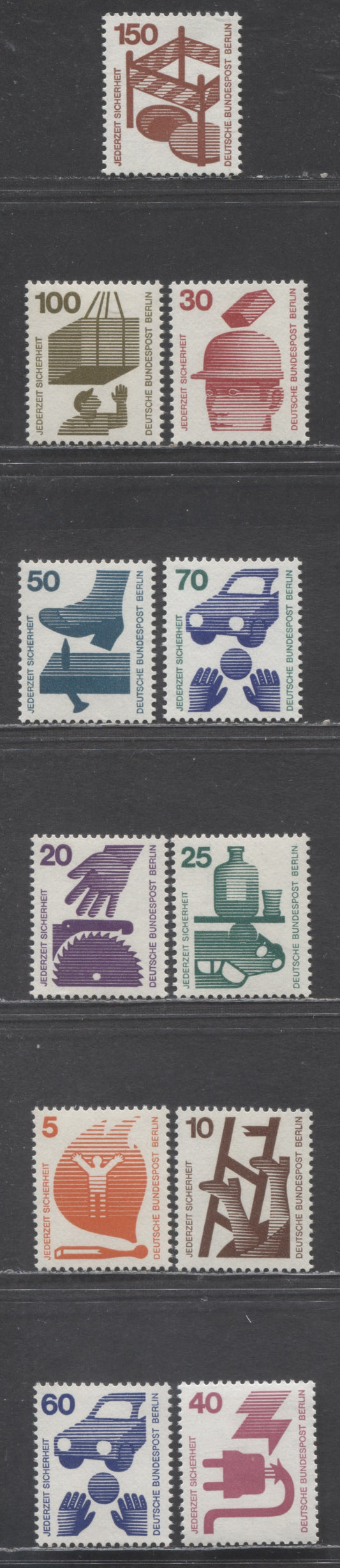 Berlin-Germany SC#9N316-9N325(Mi#402A-411A, 453) 1971-1973 Accident Prevention Defintives Issue, 11 VFNH Singles, Click on Listing to See ALL Pictures, Estimated Value $15 USD
