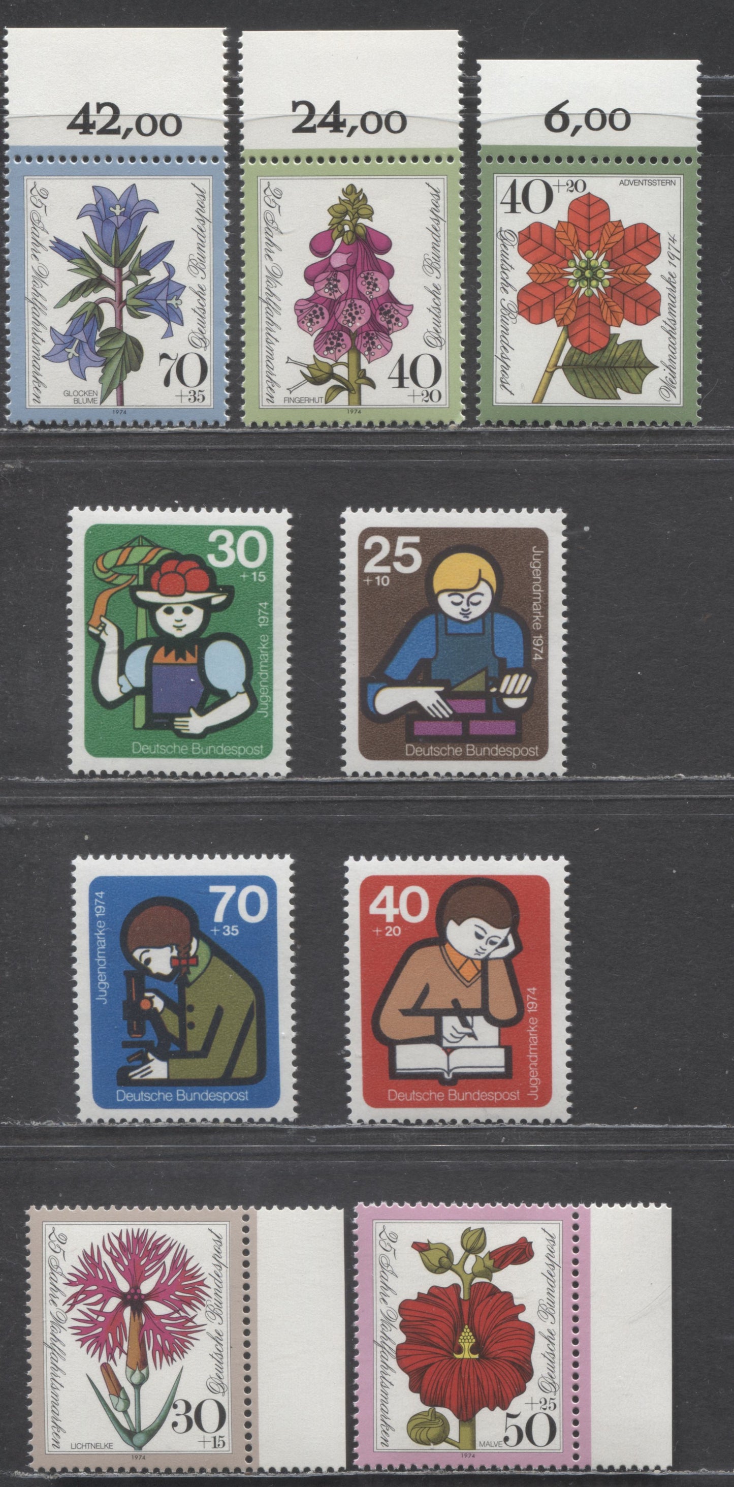 Germany Mi#800 (B508)/824 (B516) 1974 Semi Postals, 9 VFNH Singles, Estimated Value $10