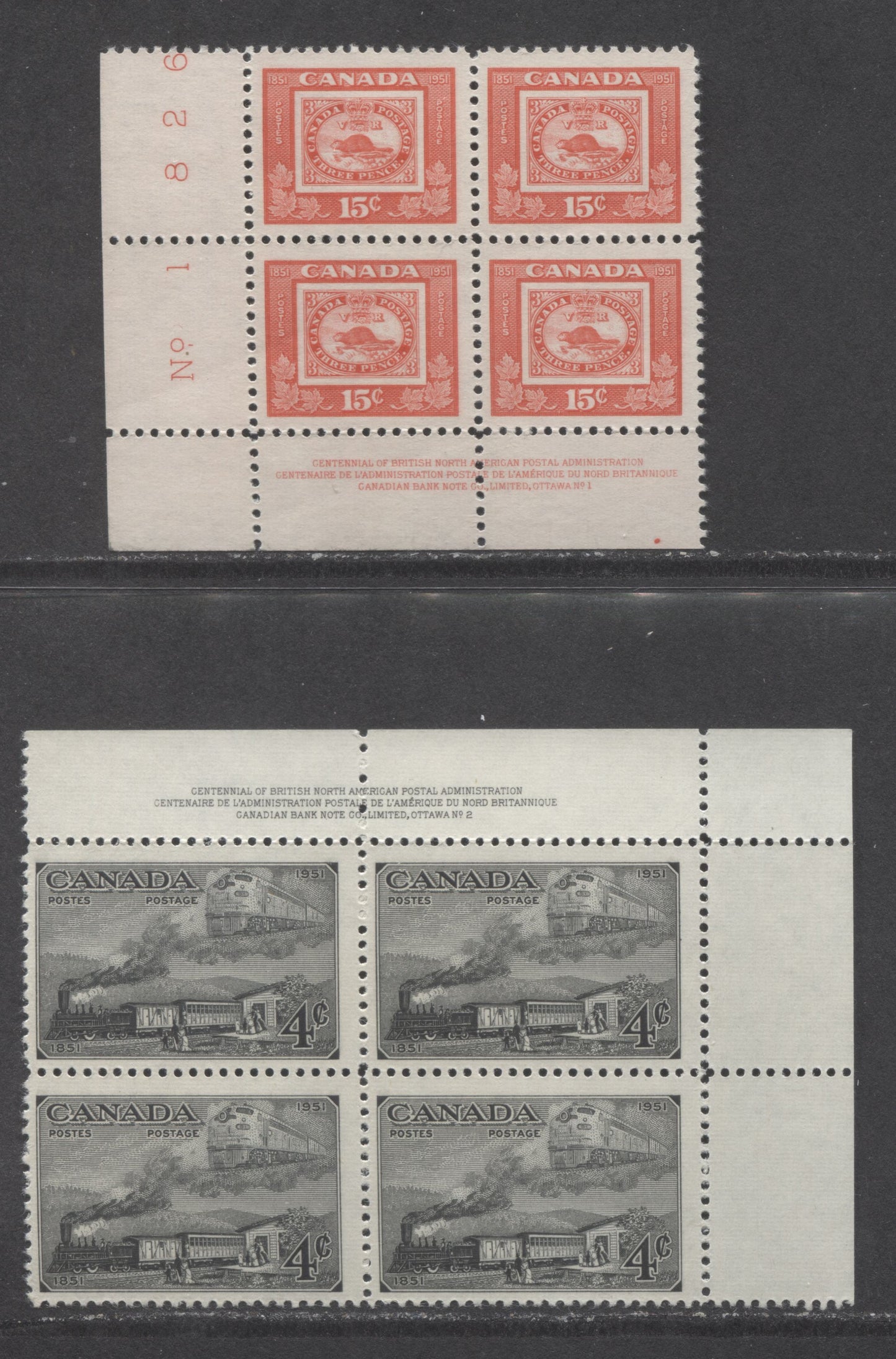 Lot 333 Canada #311, 314 4c, 15c Dark Grey, Bright Red Trains, Three Penny Beaver, 1951 Stamp Centenary, 2 F/VF NH Plate Blocks Of 4 Including Plates 2 UR & Plate 1 LL