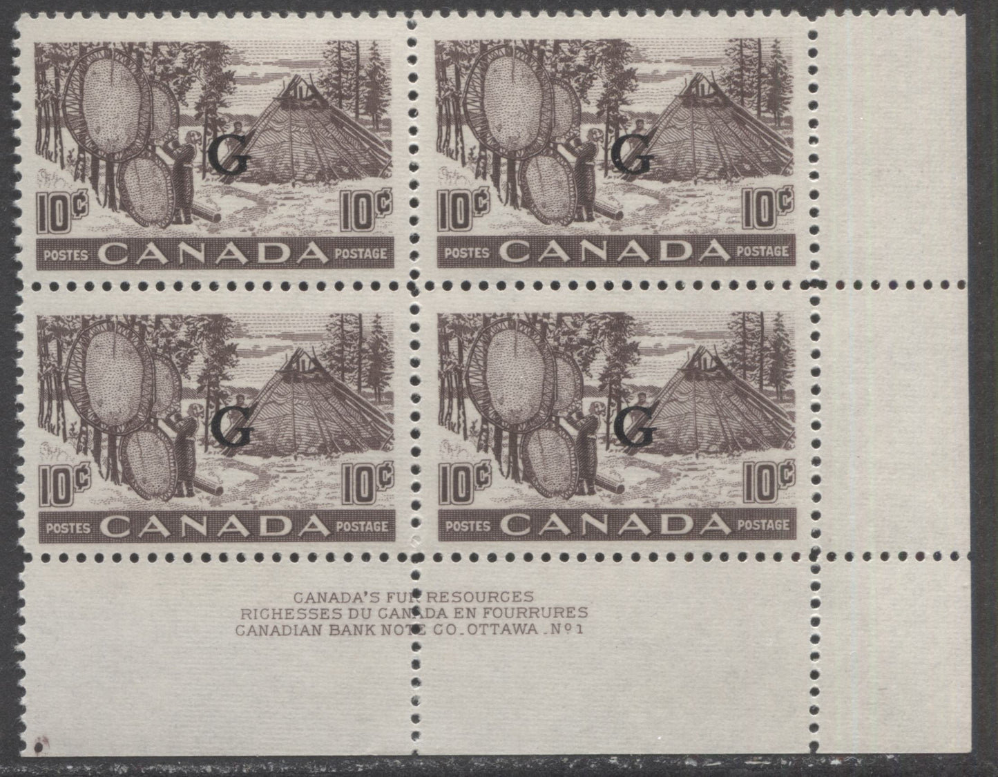 Canada #O26 10c Black Brown Drying Skins, 1950-1951 Peace / Natural Resources - Overprinted Officials Issue, A VFNH LR Plate 1 Block Of 4