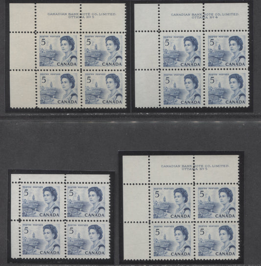 Lot 44 Canada #458,iii 5c Blue & Light Blue Queen Elizabeth II, 1967-1973 Centennial Issue, 4 VFNH UL Plates 4-5 & Blank Blocks Of 4 On Off-White DF1-fl, DF2-fl & HB10 Papers With Smooth/Streaky Dex Gums, Black On Bluish White/Ivory/Light Ivory Under UV