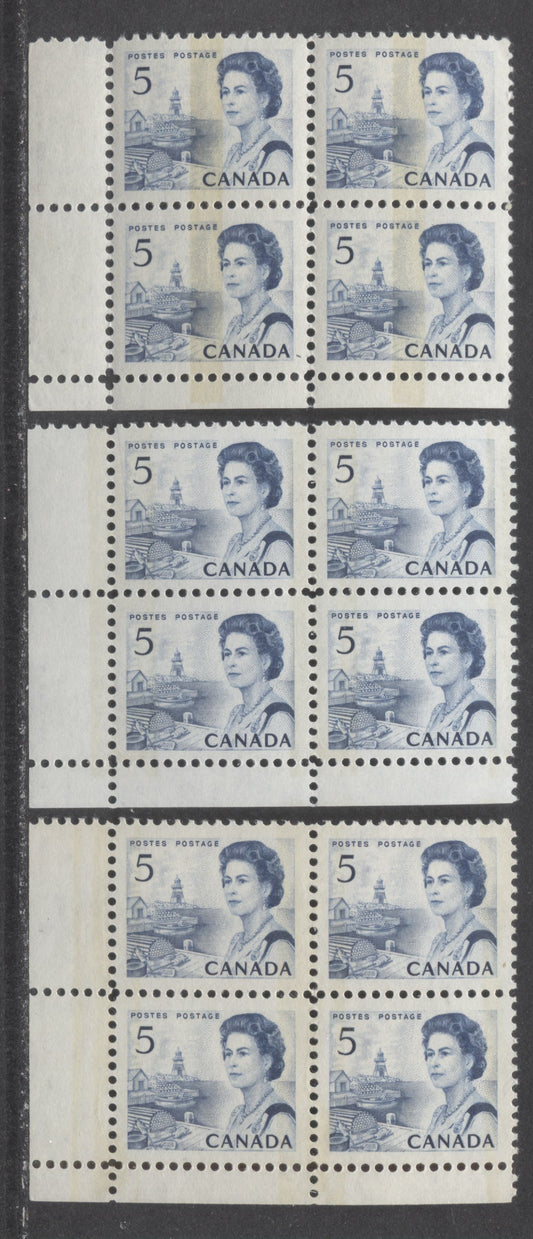 Lot 48 Canada #458p,pi 5c Blue Queen Elizabeth II, 1967-1973 Centennial Issue, 3 VFNH LL W2B & WCB Tagged Blank Blocks Of 4 On Off-White DF2 Paper With Smooth & Streaky Dex Gum, Black On Light Brown & Dark Blue On Light Ivory Under UV