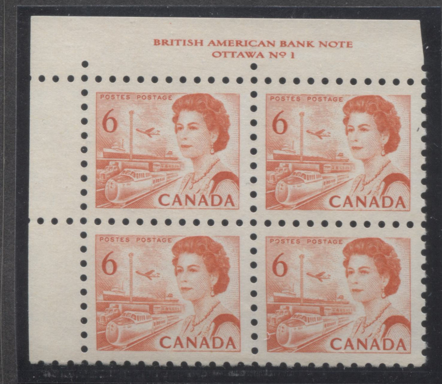 Lot 5 Canada #459i 6c Orange Queen Elizabeth II, 1967-1973 Centennial Issue, A VFNH UL Plate 1 Block Of 4 On Off White LF3-fl Paper With Smooth Dex Gum, Red Brown On Light Violet Under UV