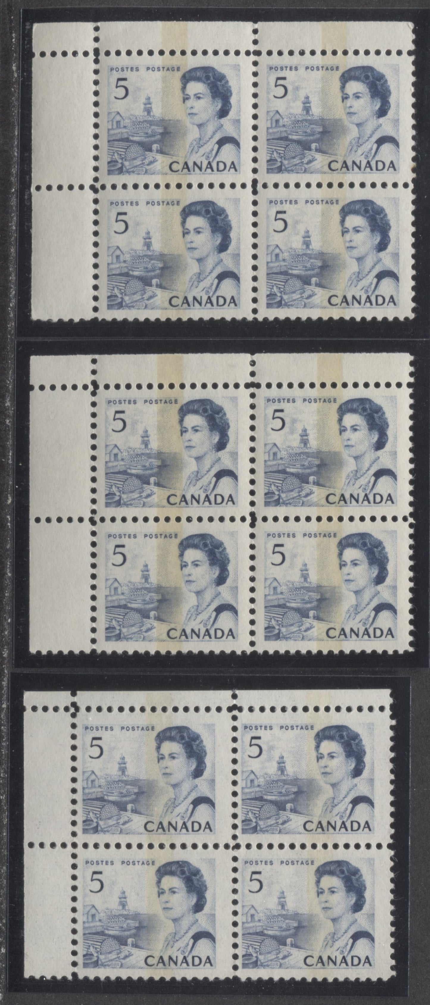 Lot 51 Canada #458pi, pii 5c Blue & Bright Blue Queen Elizabeth II, 1967-1973 Centennial Issue, 3 VFNH UL WCB Tagged Blank Blocks Of 4 On Off-White DF2 & HB10 Paper With Smooth Dex Gum, Dark Blue/Black On Light Ivory & Black On Bluish White Under UV