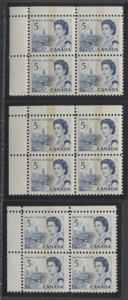 Lot 51 Canada #458pi, pii 5c Blue & Bright Blue Queen Elizabeth II, 1967-1973 Centennial Issue, 3 VFNH UL WCB Tagged Blank Blocks Of 4 On Off-White DF2 & HB10 Paper With Smooth Dex Gum, Dark Blue/Black On Light Ivory & Black On Bluish White Under UV