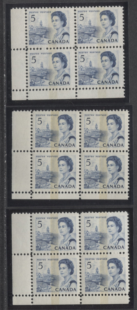 Lot 52 Canada #458pi, pii 5c Blue & Bright Blue Queen Elizabeth II, 1967-1973 Centennial Issue, 3 VFNH LL WCB Tagged Blank Blocks Of 4 On Off-White DF2 & HB10 Paper With Smooth Dex Gum, Dark Blue/Black On Light Ivory & Black On Bluish White Under UV