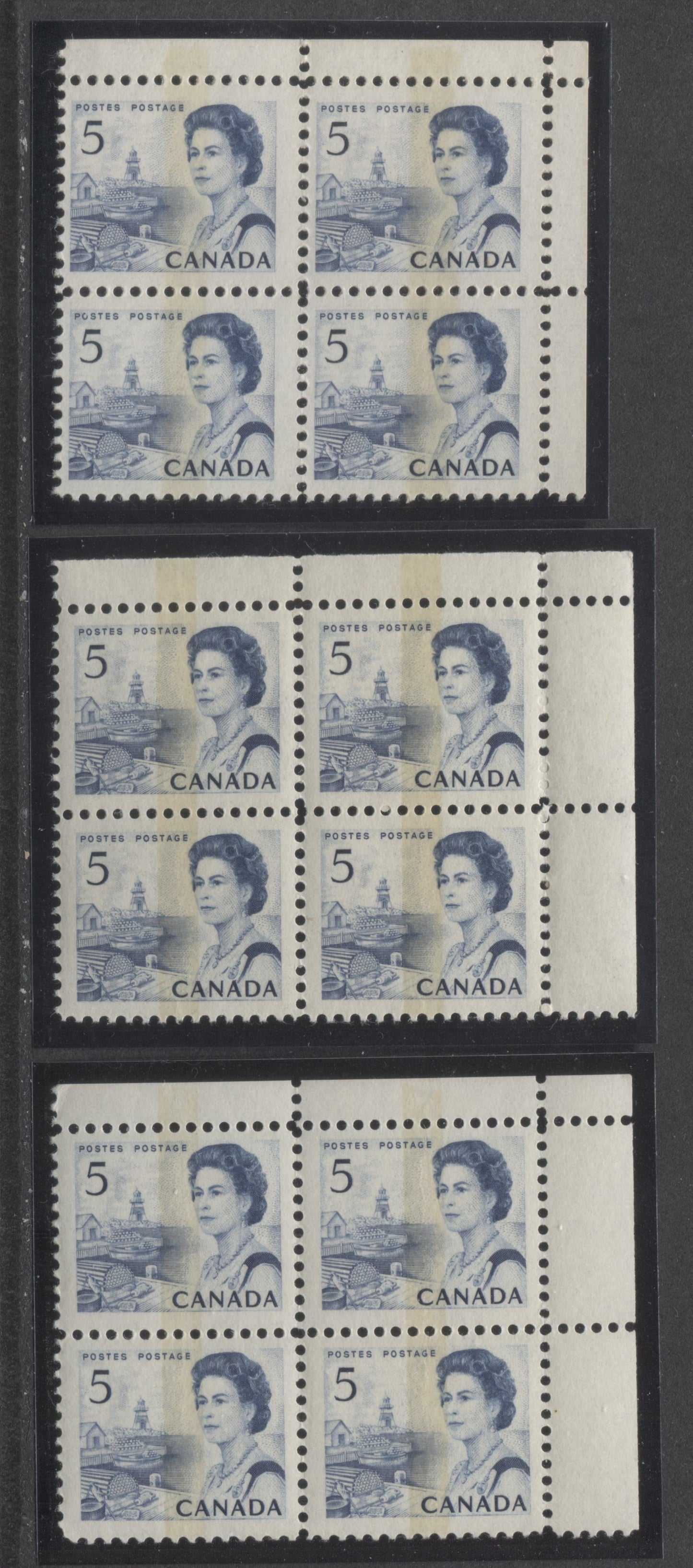 Lot 53 Canada #458pi, pii 5c Blue & Bright Blue Queen Elizabeth II, 1967-1973 Centennial Issue, 3 VFNH UR WCB Tagged Blank Blocks Of 4 On Off-White DF2 & HB10 Paper With Smooth Dex Gum, Dark Blue/Black On Light Ivory & Black On Bluish White Under UV