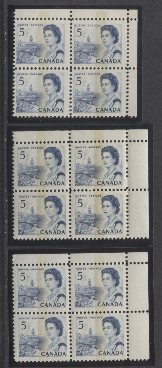 Lot 53 Canada #458pi, pii 5c Blue & Bright Blue Queen Elizabeth II, 1967-1973 Centennial Issue, 3 VFNH UR WCB Tagged Blank Blocks Of 4 On Off-White DF2 & HB10 Paper With Smooth Dex Gum, Dark Blue/Black On Light Ivory & Black On Bluish White Under UV