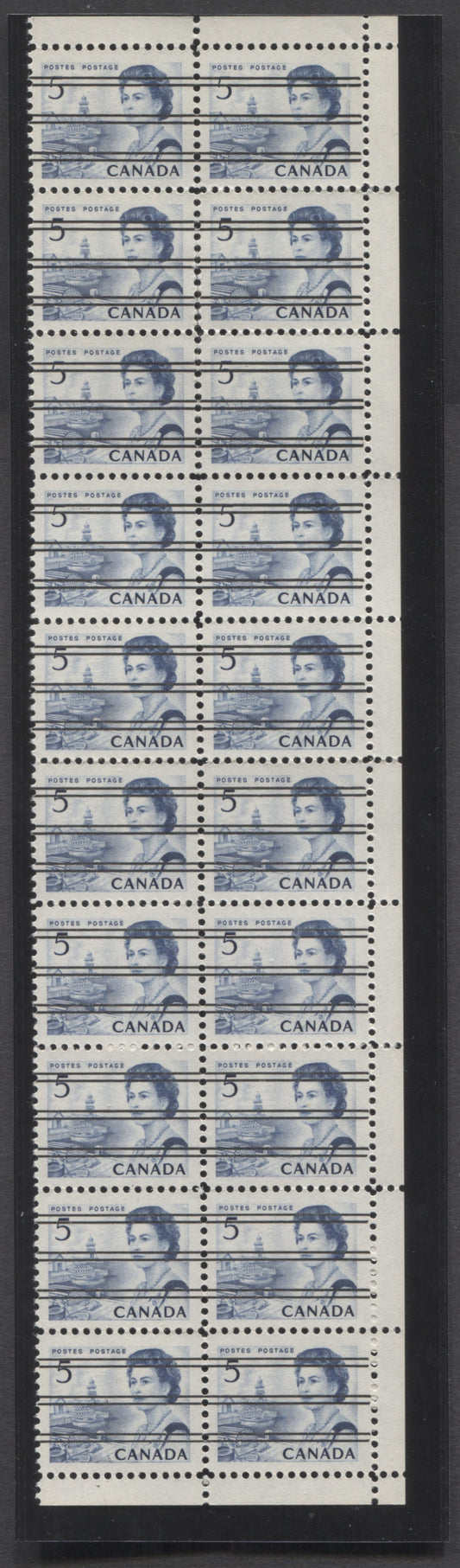 Lot 56 Canada #458xxi 5c Blue Queen Elizabeth II, 1967-1973 Centennial Issue, A VFNH Right Margin Warning Strip Of 20 On Bright White HF9 Paper With Streaky Dex Gum, Black On Ivory Under UV, Folded, No Warning Strip In Selvedge