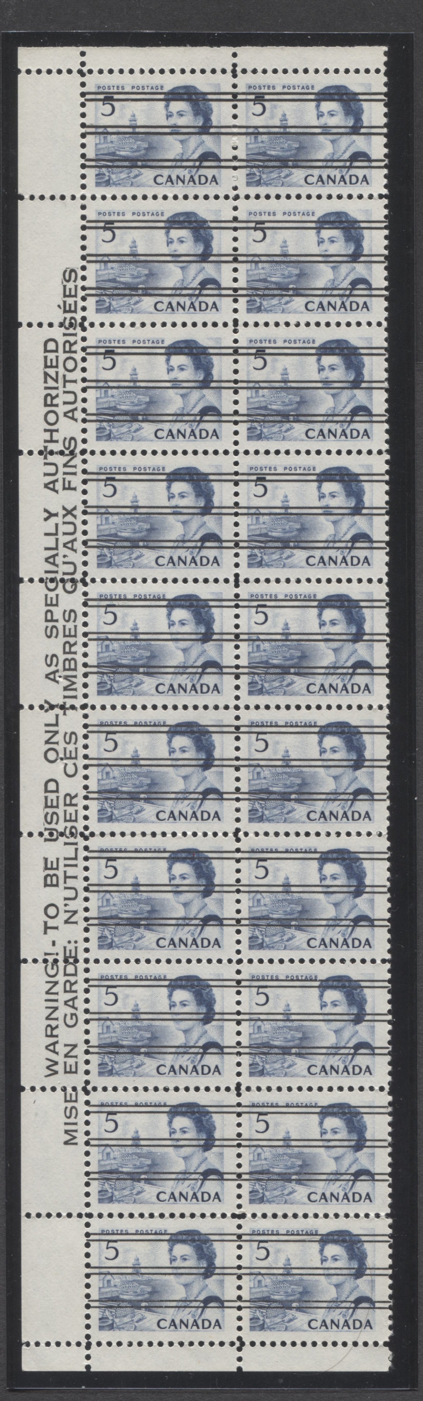 Lot 57 Canada #458xxi 5c Blue Queen Elizabeth II, 1967-1973 Centennial Issue, A VFNH Left Margin Warning Strip Of 20 On Bright White HF9 Paper With Streaky Dex Gum, Black On Bluish White Under UV, Unfolded