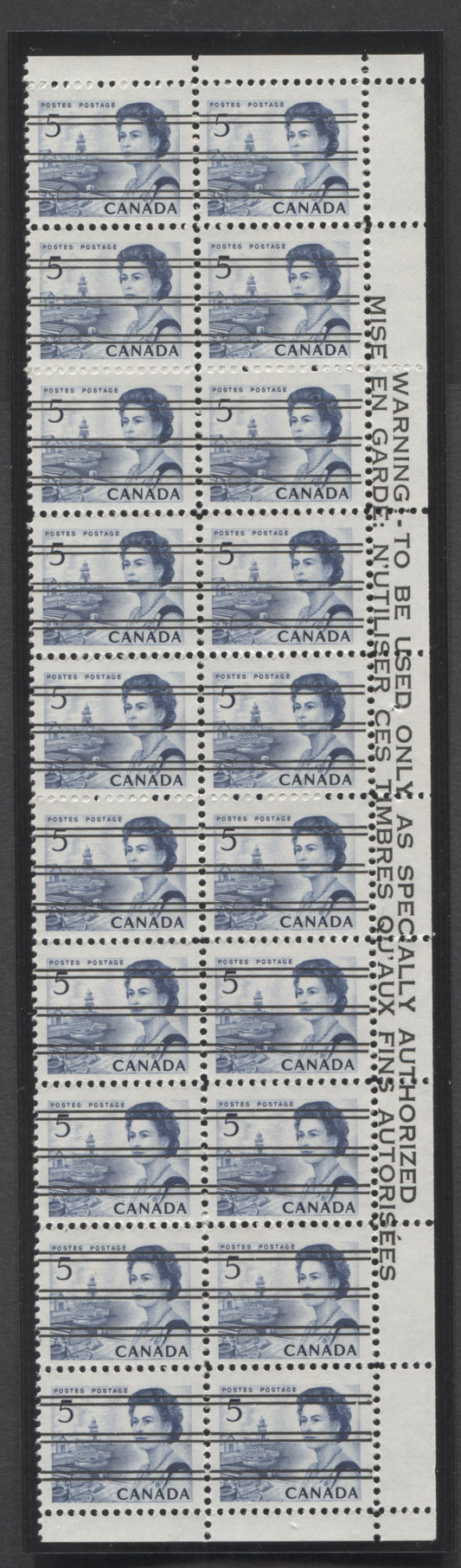 Lot 58 Canada #458xxi 5c Blue Queen Elizabeth II, 1967-1973 Centennial Issue, A VFNH Right Margin Warning Strip Of 20 On Bright White HB11 Paper With Smooth Dex Gum, Black On Bluish White Under UV, Unfolded