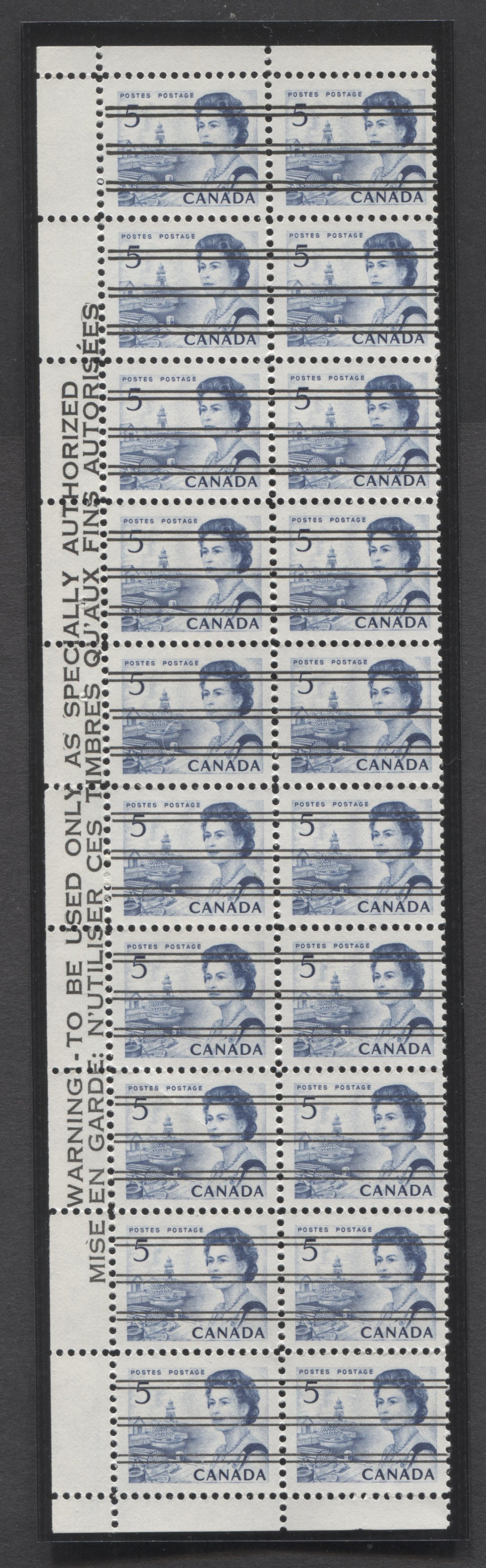 Lot 59 Canada #458xxi 5c Light Blue Queen Elizabeth II, 1967-1973 Centennial Issue, A VFNH Left Margin Warning Strip Of 20 On Bright White HB11 Paper With Streaky Dex Gum, Black On Bluish White Under UV, Unfolded