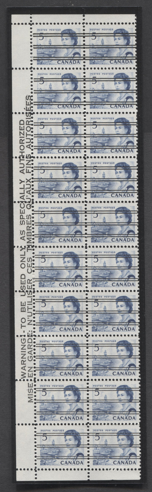 Lot 59 Canada #458xxi 5c Light Blue Queen Elizabeth II, 1967-1973 Centennial Issue, A VFNH Left Margin Warning Strip Of 20 On Bright White HB11 Paper With Streaky Dex Gum, Black On Bluish White Under UV, Unfolded