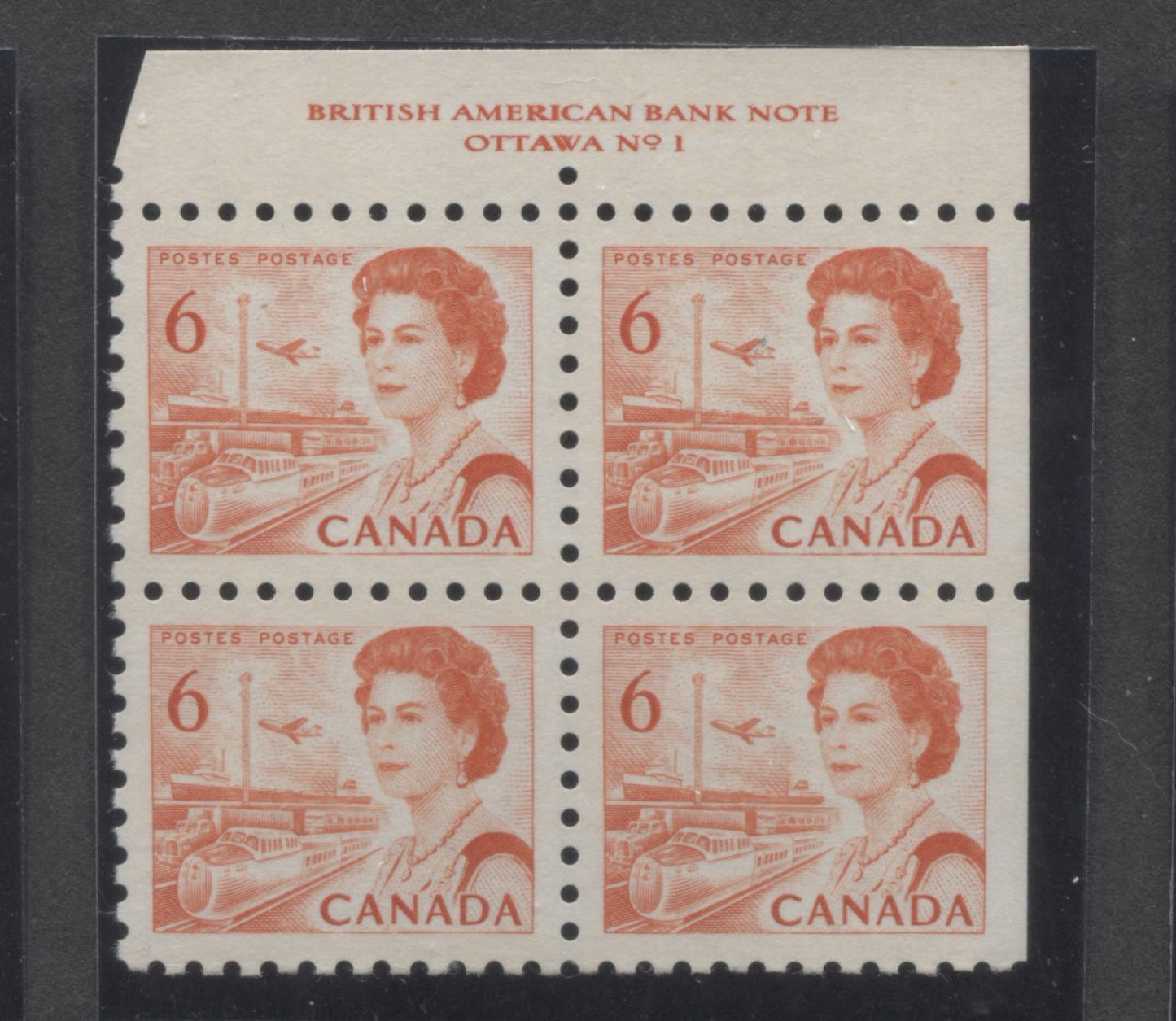 Lot 6 Canada #459i 6c Orange Queen Elizabeth II, 1967-1973 Centennial Issue, A VFNH UR Plate 1 Block Of 4 On Off White LF3-fl Paper With Smooth Dex Gum, Red Brown On Light Violet Under UV