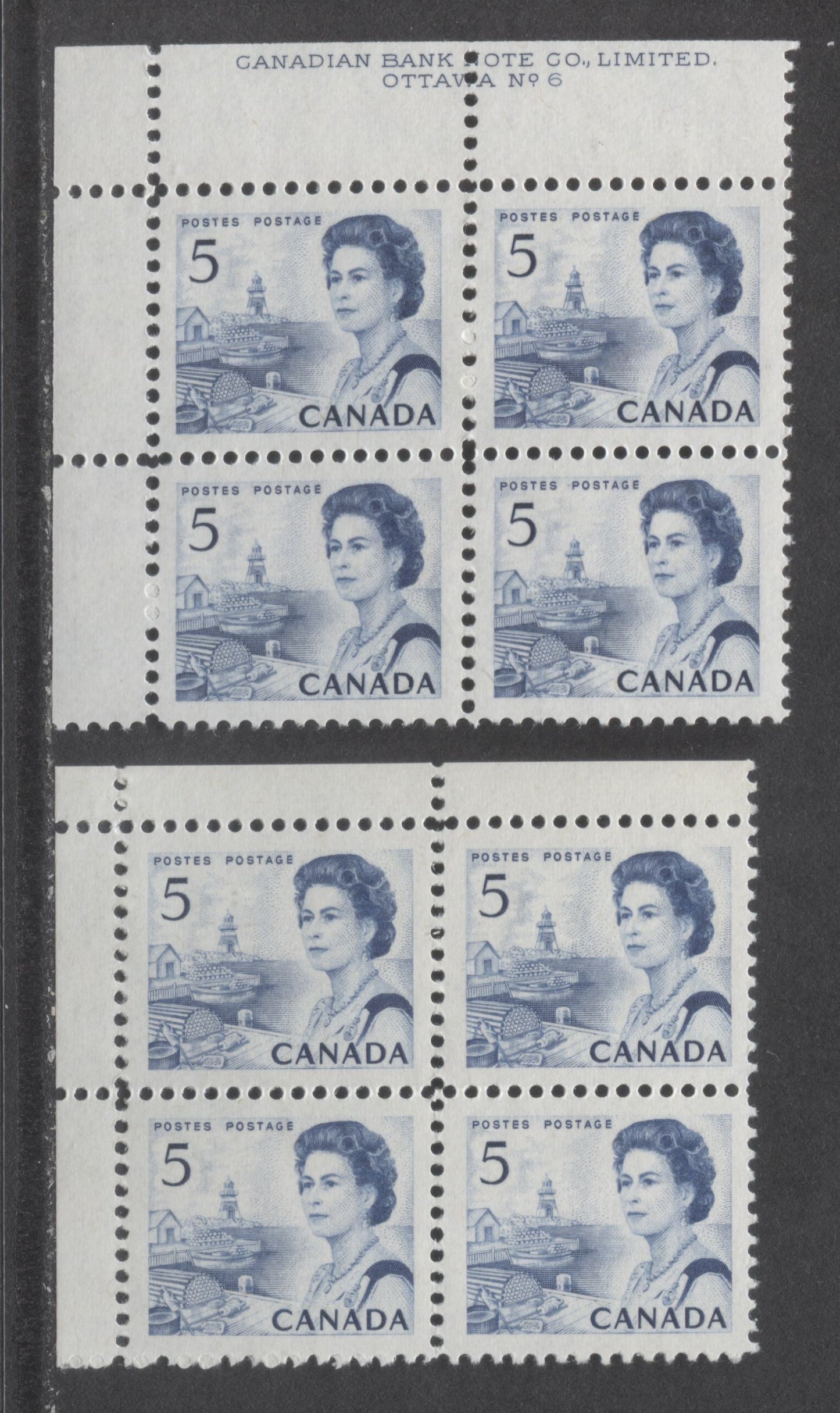 Lot 61 Canada #458v 5c Blue Queen Elizabeth II, 1967-1973 Centennial Issue, 2 VFNH UL Plate 2 & Blank Blocks Of 4 On White DF2 & LF3-fl Papers With PVA Gum, Black On Light Violet Under UV