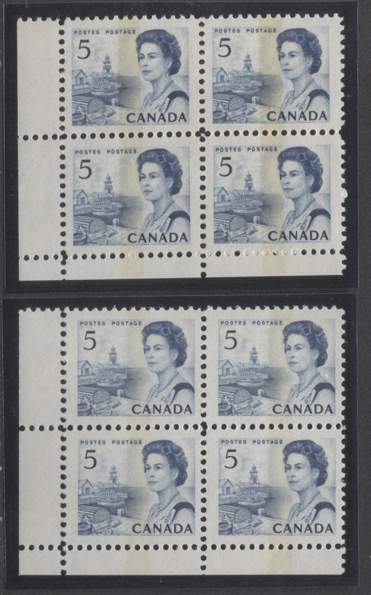 Lot 64 Canada #458piii 5c Blue Queen Elizabeth II, 1967-1973 Centennial Issue, 2 VFNH LL W1B Tagged Blank Blocks Of 4 On White DF3 & LF5-fl Papers With PVA Gum, Dark Blue On Violet/Light Violet Under UV