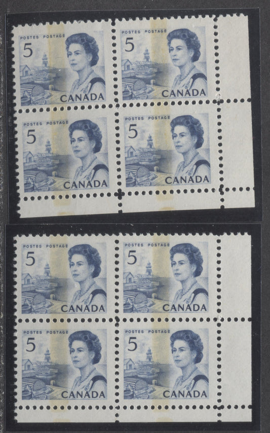 Lot 65 Canada #458piii 5c Blue Queen Elizabeth II, 1967-1973 Centennial Issue, 2 VFNH LR W1B Tagged Blank Blocks Of 4 On White DF3 & LF5-fl Papers With PVA Gum, Dark Blue On Violet/Light Violet Under UV