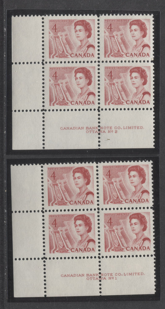 Lot 68 Canada #457ii 4c Scarlet & Carmine Scarlet Queen Elizabeth II, 1967-1973 Centennial Issue, 2 F/VFNH LL Plate 1-2 Blocks Of 4 On Off-White LF3 Papers With Smooth Dex, Carmine On Ivory/Grayish White Under UV