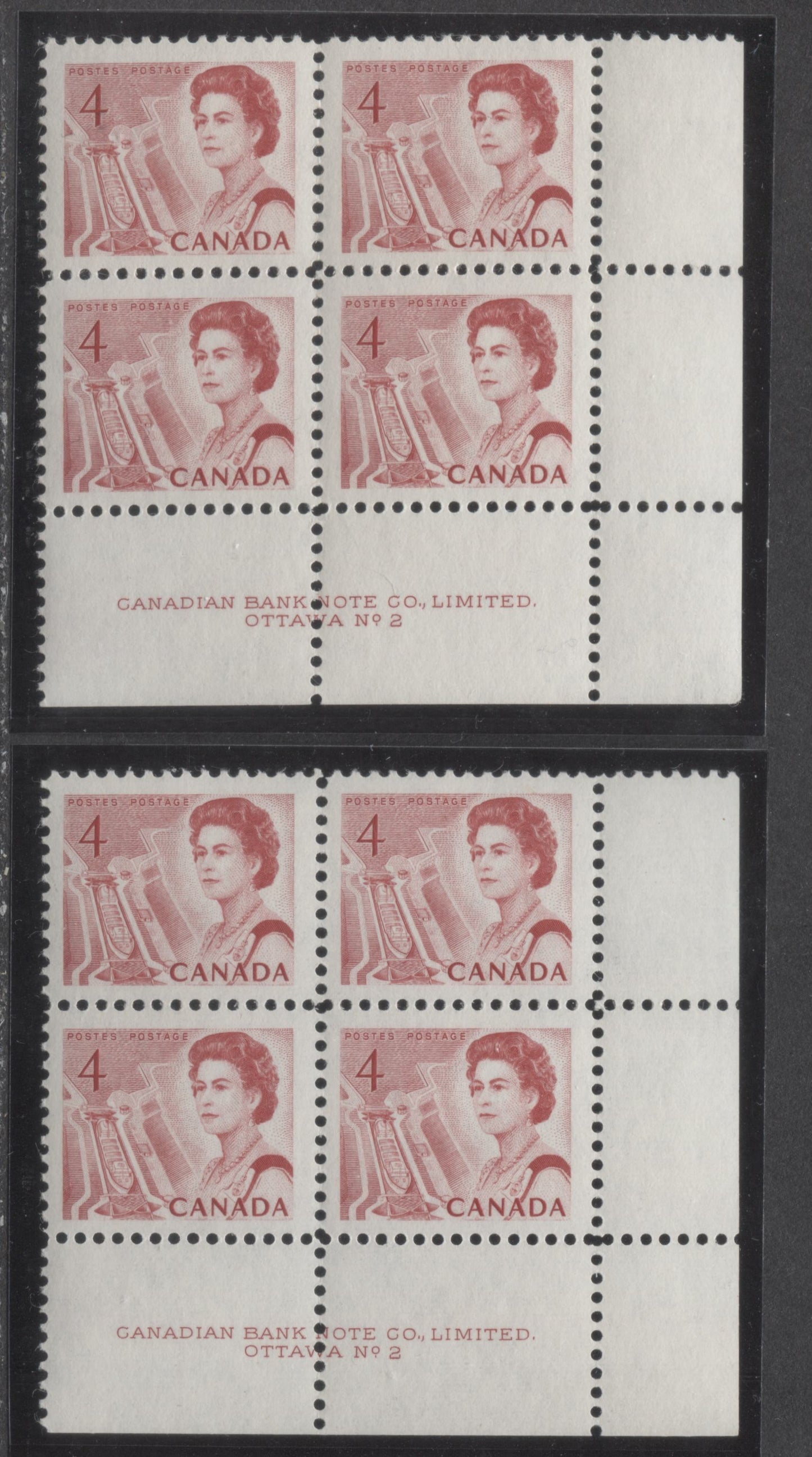 Lot 73 Canada #457ii 4c Light & Carmine Rose Queen Elizabeth II, 1967-1973 Centennial Issue, 2 VFNH LR Plate 2 Blocks Of 4 On Off-White DF2 & LF3 Paper With Streaky Dex Gum, Red On Brown/Violet Gray Under UV