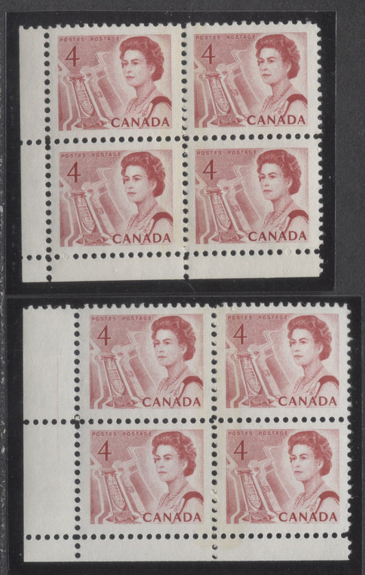 Lot 84 Canada #457p 4c Carmine Rose Queen Elizabeth II, 1967-1973 Centennial Issue, 2 VFNH LL W1B Tagged Blank Blocks Of 4 On Off-White DF1 Paper With Streaky & Smooth Dex, Red On Ivory Under UV