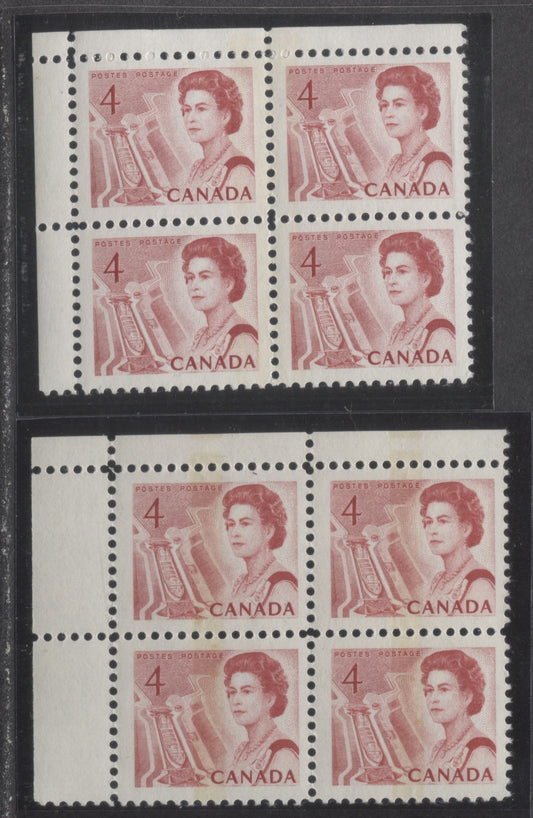 Lot 86 Canada #457p 4c Light Carmine Rose & Carmine Rose Queen Elizabeth II, 1967-1973 Centennial Issue, 2 VFNH UL W1B Tagged Blank Blocks Of 4 On Off-White DF2 Papers With Smooth Dex, Dark Red On Brown & Red On Ivory Under UV